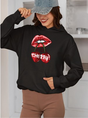 Swozz Cherry Baskılı 3 Iplik Kalın Kışlık Özel Tasarım Kadın Sweatshirt Hoodie