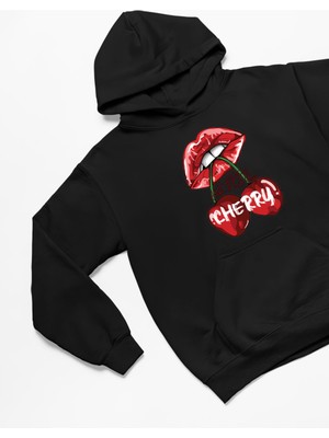 Swozz Cherry Baskılı 3 Iplik Kalın Kışlık Özel Tasarım Kadın Sweatshirt Hoodie