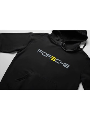 Swozz Porsche Ön ve Sırt Baskılı Siyah 3 Ip Kalın Kumaş Unisex Sweatshirt Hoodie