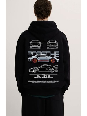 Swozz Porsche Ön ve Sırt Baskılı Siyah 3 Ip Kalın Kumaş Unisex Sweatshirt Hoodie