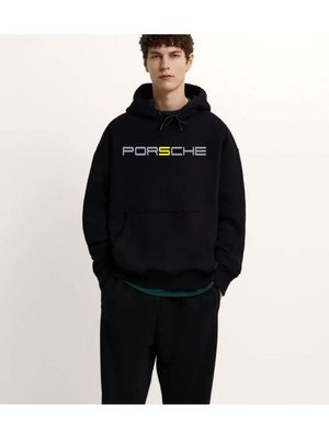 Swozz Porsche Ön ve Sırt Baskılı Siyah 3 Ip Kalın Kumaş Unisex Sweatshirt Hoodie