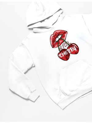 Swozz Cherry Baskılı 3 Iplik Kalın Kışlık Özel Tasarım Kadın Sweatshirt Hoodie