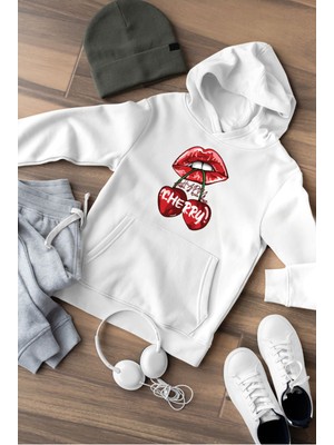 Swozz Cherry Baskılı 3 Iplik Kalın Kışlık Özel Tasarım Kadın Sweatshirt Hoodie