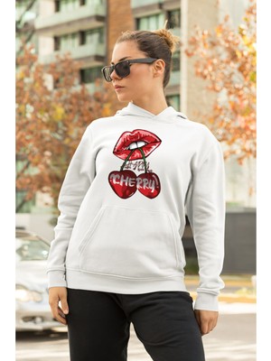 Swozz Cherry Baskılı 3 Iplik Kalın Kışlık Özel Tasarım Kadın Sweatshirt Hoodie