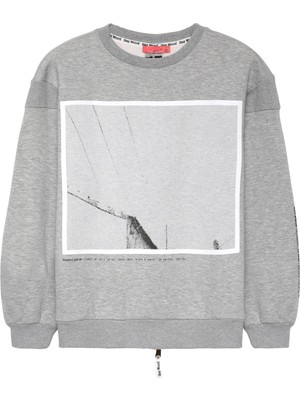 Quzu Sırtı Fermuar Detaylı Baskılı Sweatshirt Gri