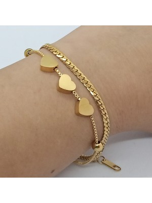 Ödül Moda Çelik Gold Çift Zincir Kalpli Bileklik
