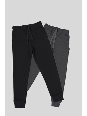 Mmetalic Siyah-Antrasit Kalın Pamuklu Beli ve Paçası Lastikli Cepli 2'li Erkek Çocuk Eşofman Altı