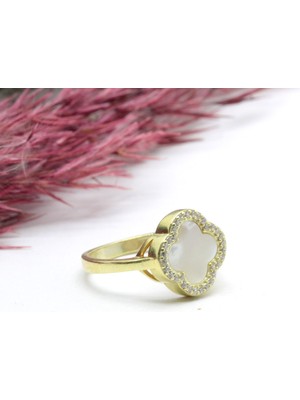 Canka İthal Altın Kaplama Taşlı Yonca Gümüş Yüzük