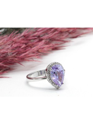 Canka Ametist Taşlı Su Damlası Gümüş Yüzük