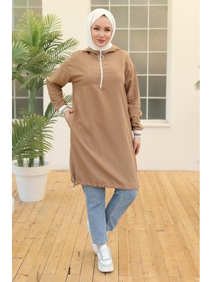 Armine Trend Kolları Ribanalı Kapüşonlu Tunik Camel 24YT468