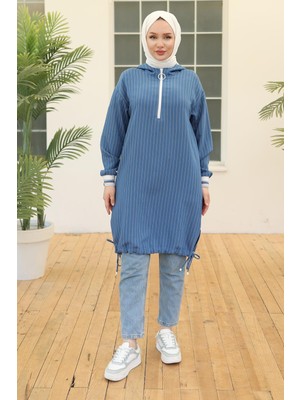 Armine Trend Kolları Ribanalı Kapüşonlu Tunik Indigo 24YT468