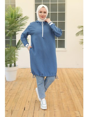 Armine Trend Kolları Ribanalı Kapüşonlu Tunik Indigo 24YT468