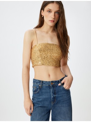Koton Crop Bluz Pullu Payetli Ip Askılı Kare Yaka Slim Fit