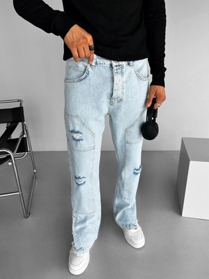 Abluka Online Erkek Baggy Fit Parça Yamalı Yırtık Jean Pantolon Buz Mavi