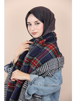 Lacivert-Kırmızı Kışlık Ekose Desen Omuz Şalı
