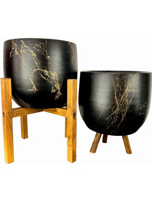 Bitki Tasarımı Ev Dekorasyon Aksesuar Siyah Üzeri Gold Mermer Efektli Toprak Saksı Saksılık Salon Çiçeklik İkili Set 3 Ayaklı- 4 Ayaklı- 19 CM