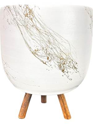 Bitki Tasarımı Ev Dekorasyon Aksesuar Beyaz Üzeri Gold Mermer Efektli Toprak Saksı Saksılık Salon Çiçeklik 3 Ayaklı - 19 CM