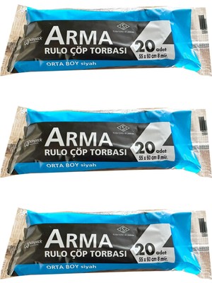 Arma Siyah Orta Boy 55 x 60 Cm. - 30 Litre Çöp Torbası Poşeti - 20 Adetlik 3 Rulo