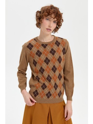 Desen Triko Kadın Sıfır Yaka Önü Baklava Desenli Yün Kazak V.camel