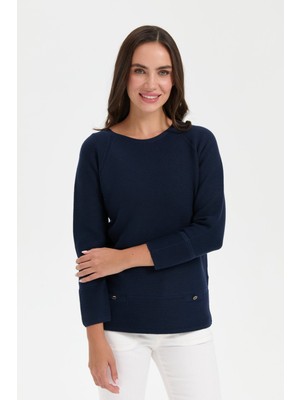 Desen Triko Kadın Sıfır Yaka Dikişsiz Kazak K.Lacivert