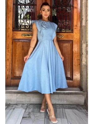 Mavi Gül Detaylı Kadın Elbise P-00010928