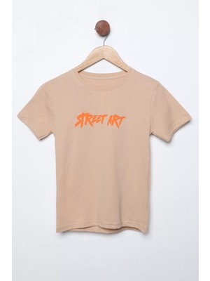 Bej Baskılı Bisiklet Yaka Erkek Çocuk Tişört P-00011560