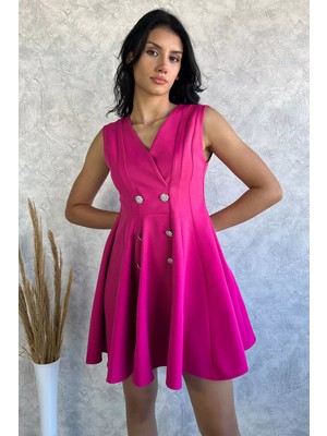 Julude Pembe Kruvaze Yaka Taşlı Düğmeli Içi Kendinden Astarlı Abiye Elbise P-00010798