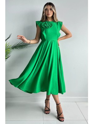 Yeşil Gül Detaylı Kadın Elbise P-00010928