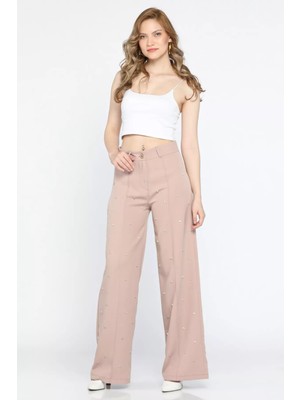 Julude Bej Yüksek Bel Taşlı Çimalı Kadın Palazzo Pantolon P-00010158