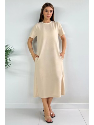 Bej Bisiklet Yaka Cep Detaylı Kısa Kol Elbise P-00009454