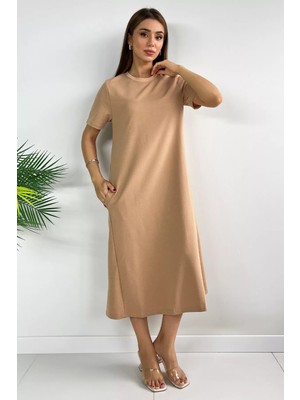 Bisküvi Bisiklet Yaka Cep Detaylı Kısa Kol Elbise P-00009454
