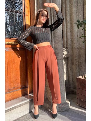 Julude Kahve Yüksek Bel Pileli Kadın Bol Kesim Kumaş Pantolon P-00009956