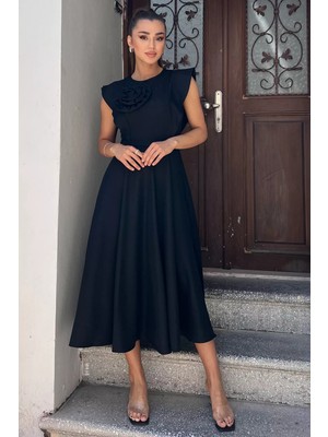 Siyah Gül Detaylı Kadın Elbise P-00010928