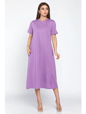 Mor Bisiklet Yaka Cep Detaylı Kısa Kol Elbise P-00009454