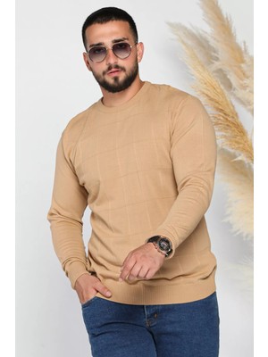 Bej Erkek Bisiklet Yaka Desenli Triko Kazak P-00005896