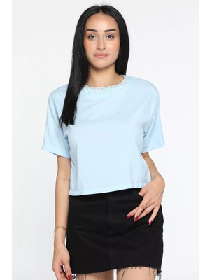 Julude Mavi Yakası Taş Işlemeli Kadın Bluz P-00011310