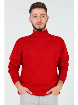 Kırmızı Erkek Desenli Triko Kazak P-00005369