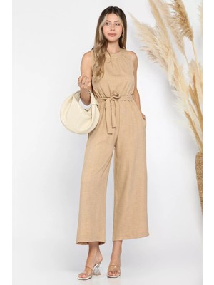 Gülseli Bej Kadın Bisiklet Yaka Bel Kuşaklı Tulum P-00005066