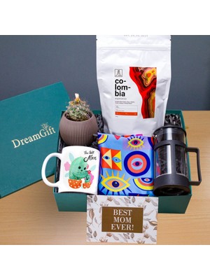 Dreamgift - Anneye Teşekkür: Kaktüs Baskılı Kupa ve French Press Hediye Seti - Just Roastery Colombia Filtre Kahve, Mercan Saksı ve Bandana Eşarp