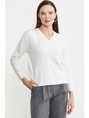 Cep Detaylı V Yaka Triko Kazak - Kemik