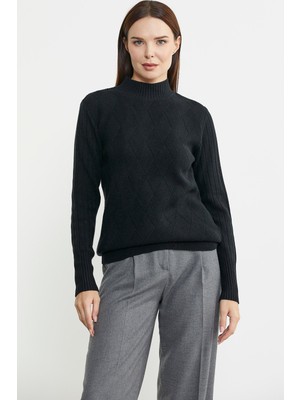 Yarım Balıkçı Motifli Triko Kazak - Siyah