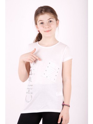Toontoy Kız Çocuk Yıldız Baskılı Kesik Cep Detaylı Tişört