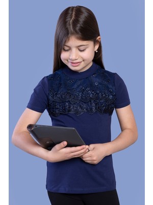 Toontoy Kız Çocuk Önü Çiçek Dantelli T-Shirt