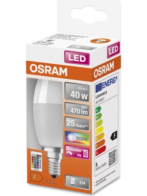 Osram Led 4.9 W RGBW 470lm E14 Duy 15 Farklı Renk ve Sarı Işık Kumandalı Ampul