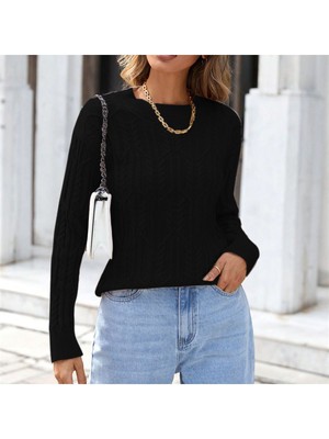 Saç Örgülü Desenli Bisiklet Yaka Triko Kazak Siyah