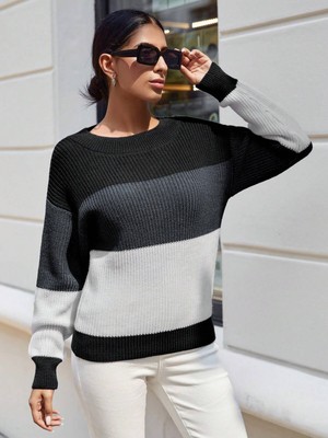 AQE FASHION Bisiklet Yaka Renk Bloklu Uzun Kollu Kadın Triko Kazak Antrasit/gri/beyaz