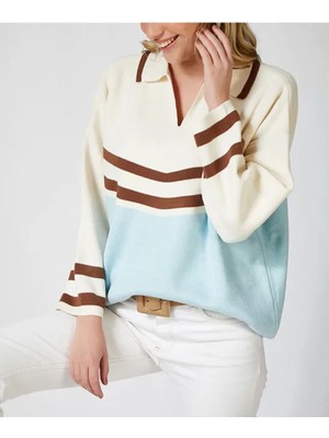 Kadın Ekru Camel Renkli Çizgi Detaylı Polo Yaka Triko Kazak