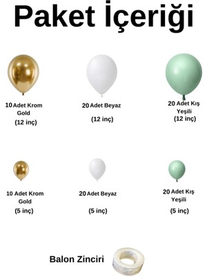 Balon Seti Kış Yeşili-Beyaz-Krom Gold 100 Lü Balon Zinciri Seti