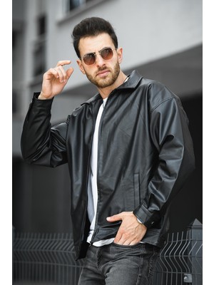 Oksit Vella Vintage Oversize Erkek Deri Ceket Siyah Orta Kalınlık Uzun Kol Düz Desen