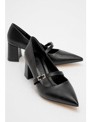 Ccway Kadın Kemerli Taşlı Topuklu Ayakkabı Siyah Cilt